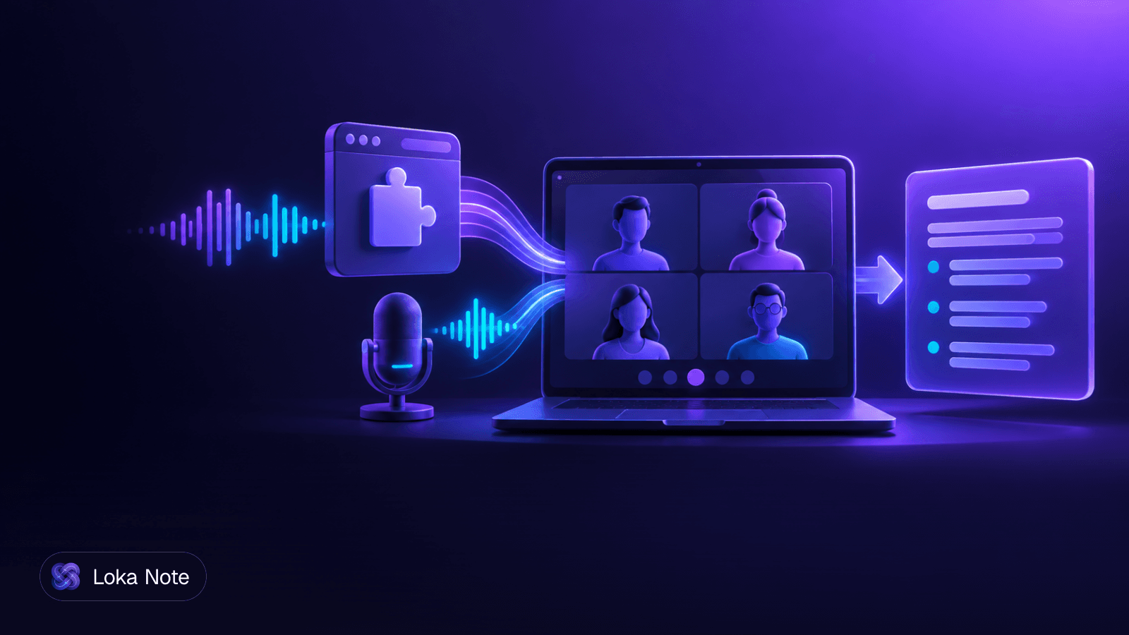 Simple editorial illustration of a browser window with a video call tab, a small waveform flowing from the tab into a notes page, and an empty participant list with no bot icon