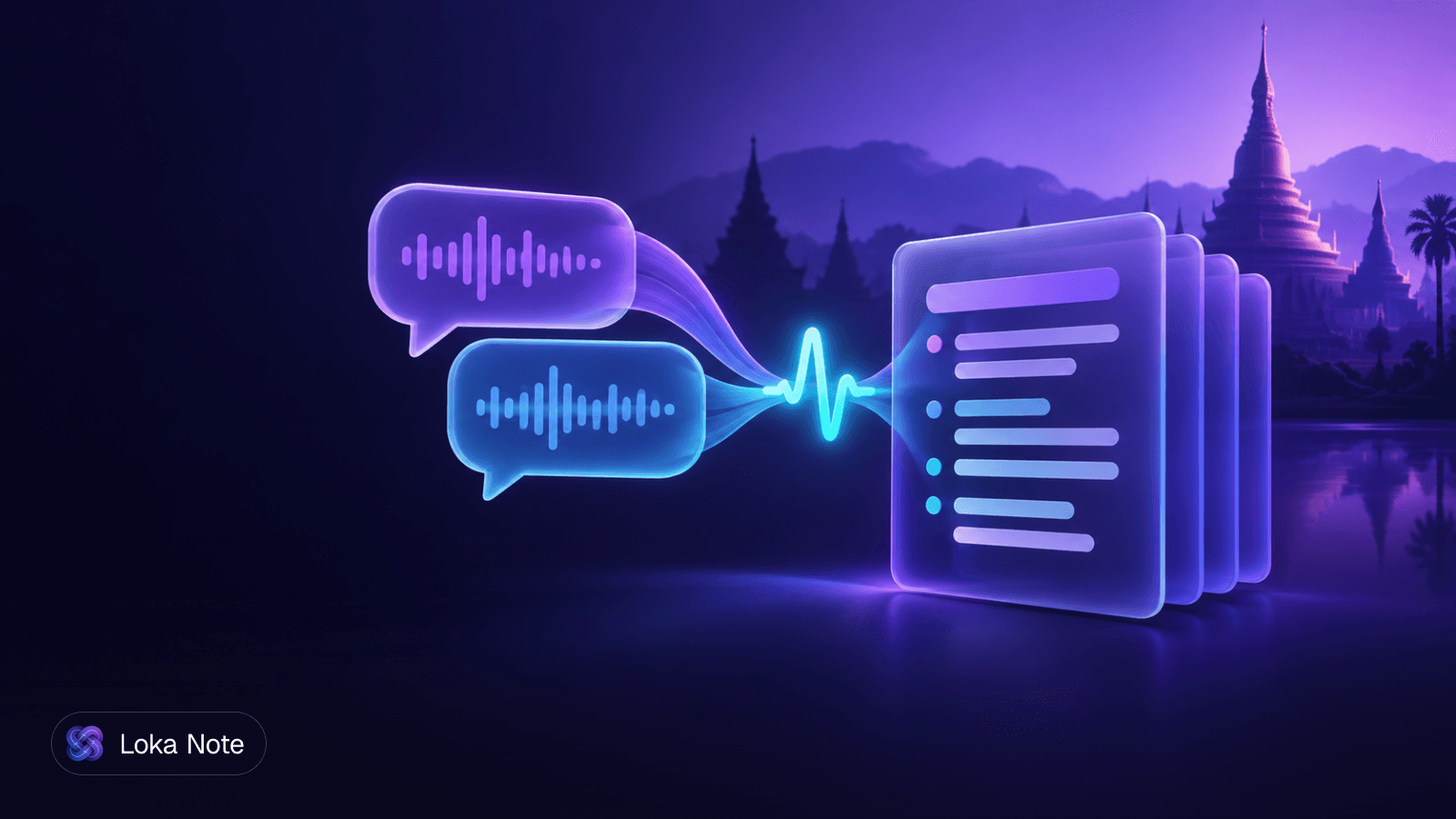 Simple editorial illustration of a speech waveform splitting into Burmese script characters on one side and Latin letters on the other, joined in a single sentence line