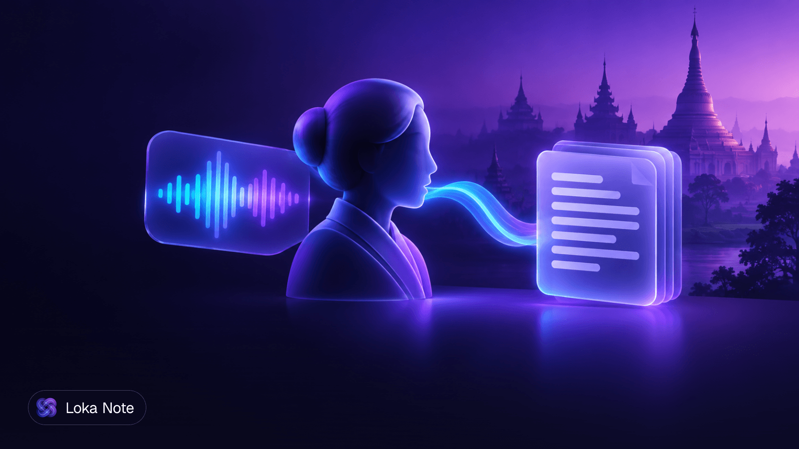 Simple editorial illustration of a sound waveform turning into Myanmar script characters, with a few characters shown as empty boxes