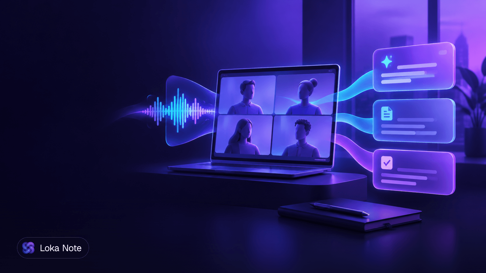 Simple editorial illustration of a video call grid on the left flowing into a short checklist of decisions and action items on the right