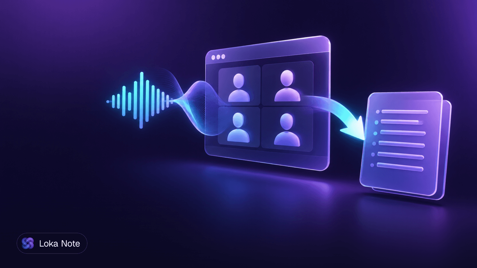 Simple editorial illustration of a video call window with a text transcript page emerging beside it and a folder icon below
