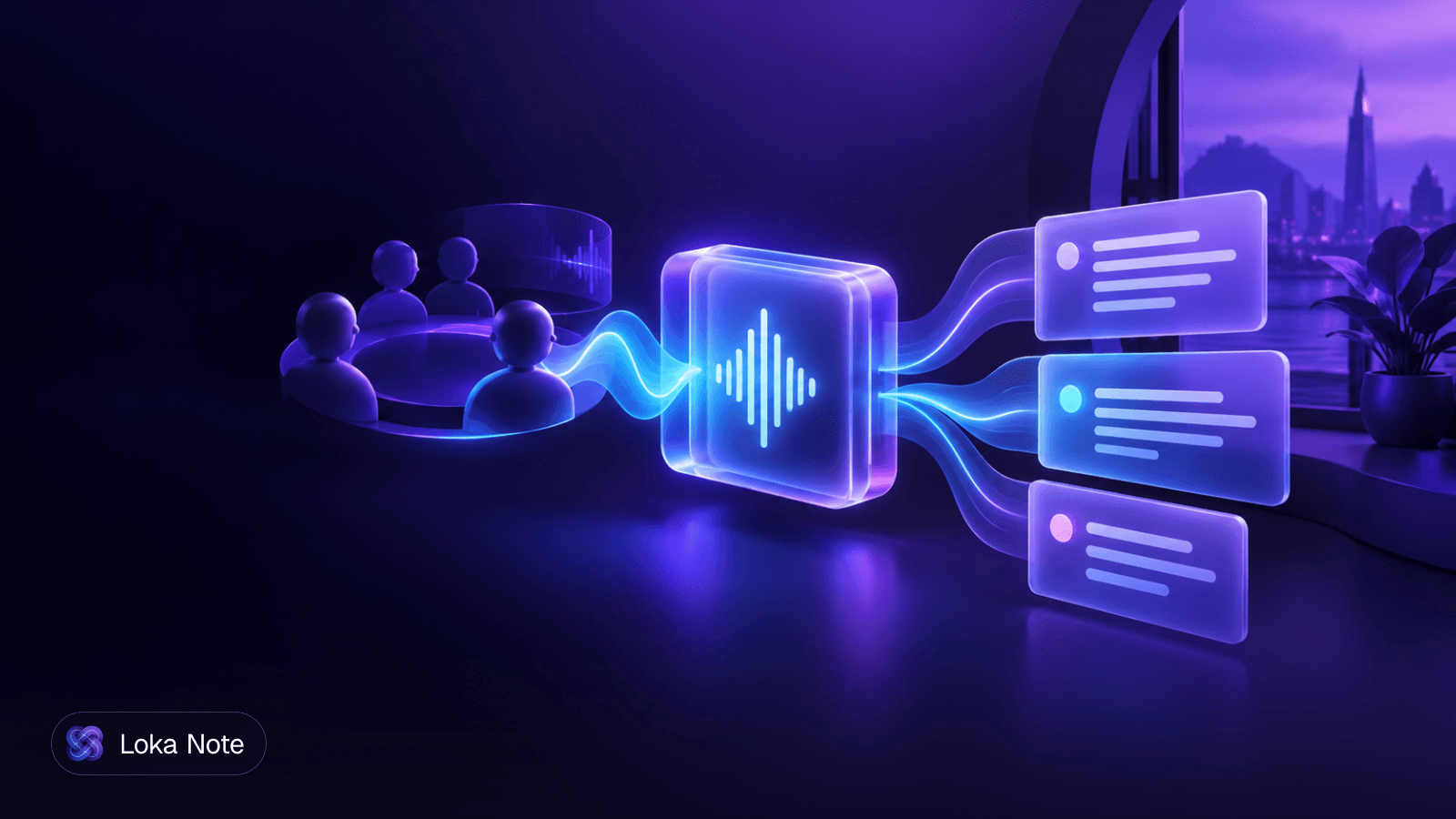 Simple editorial illustration of a laptop showing a video call grid with no extra participant tile, and a sound wave flowing from the speaker into a transcript page.