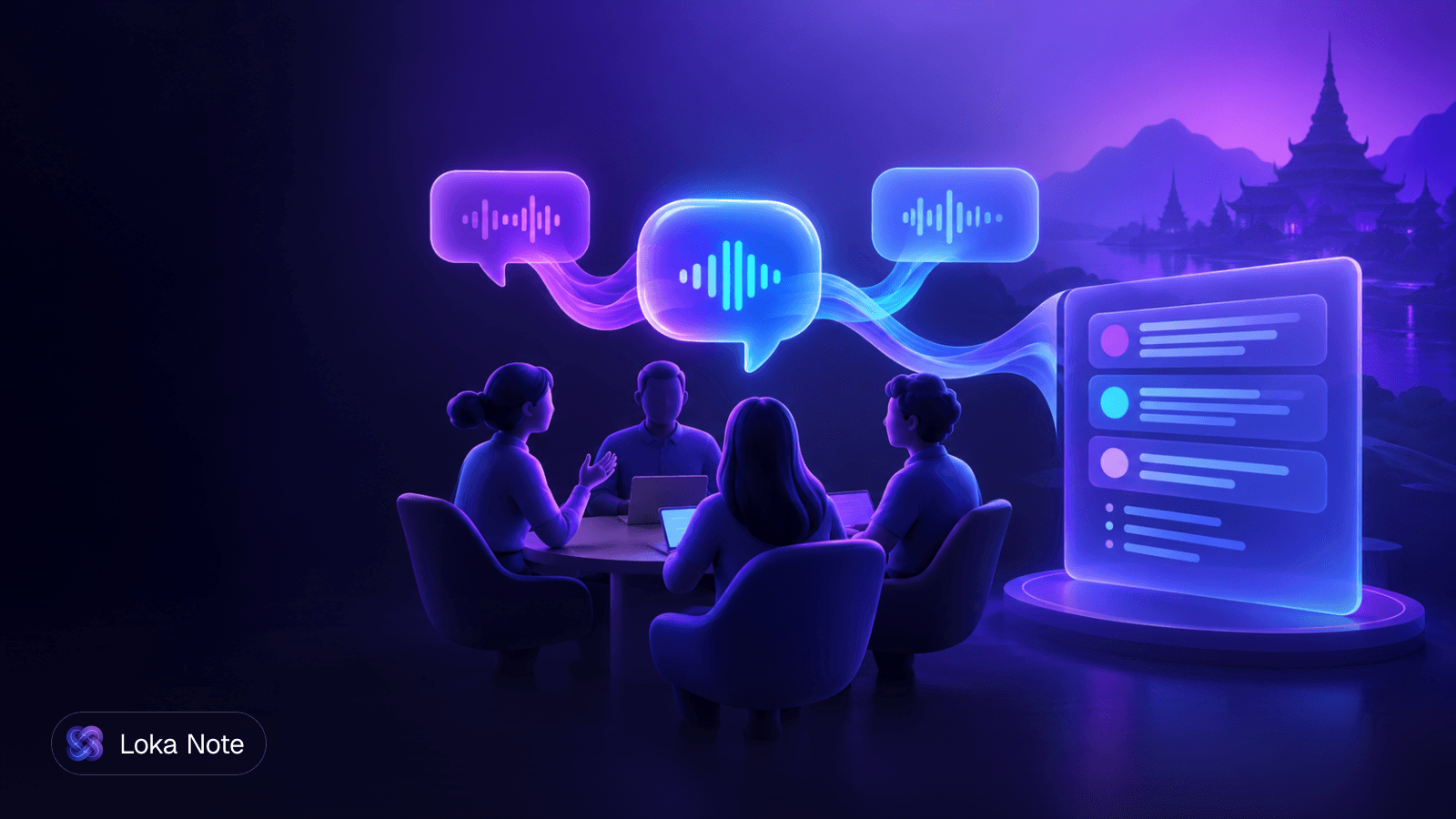 Simple editorial illustration of two speech bubbles in different scripts merging into a single page of meeting notes