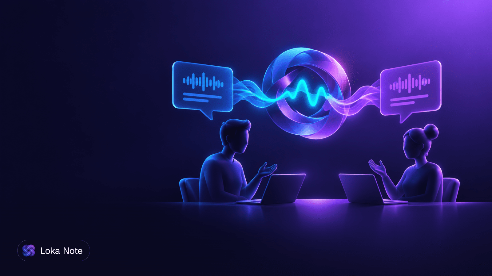 Simple editorial illustration of two overlapping speech bubbles, one with a live waveform and one with linked workflow nodes, on a plain background