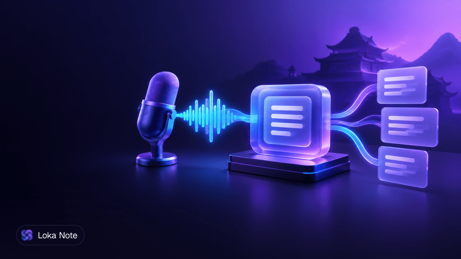 Simple editorial illustration of an audio waveform turning into lines of text, with a few coins stacked beside it and a crossed-out calendar in the background