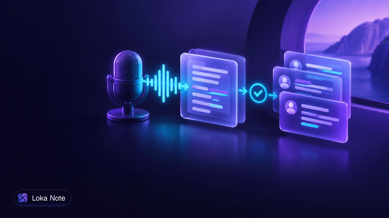 Simple editorial illustration of a researcher at a desk with headphones, an audio waveform on one side and a clean transcript page with highlighted quotes on the other