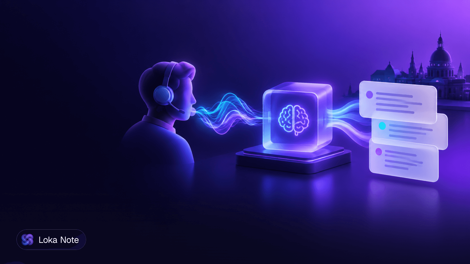 Simple editorial illustration of a sales rep on a video call with a notepad of short fragments flowing into a tidy CRM record with a checkmark.