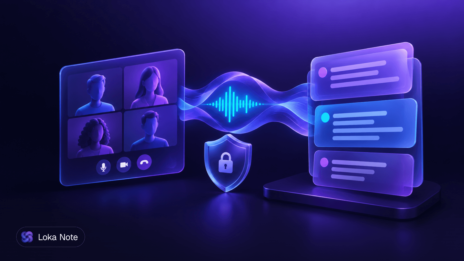 Simple editorial illustration of a laptop on a desk with a padlock over a sound wave, and an empty chair where a meeting bot would sit