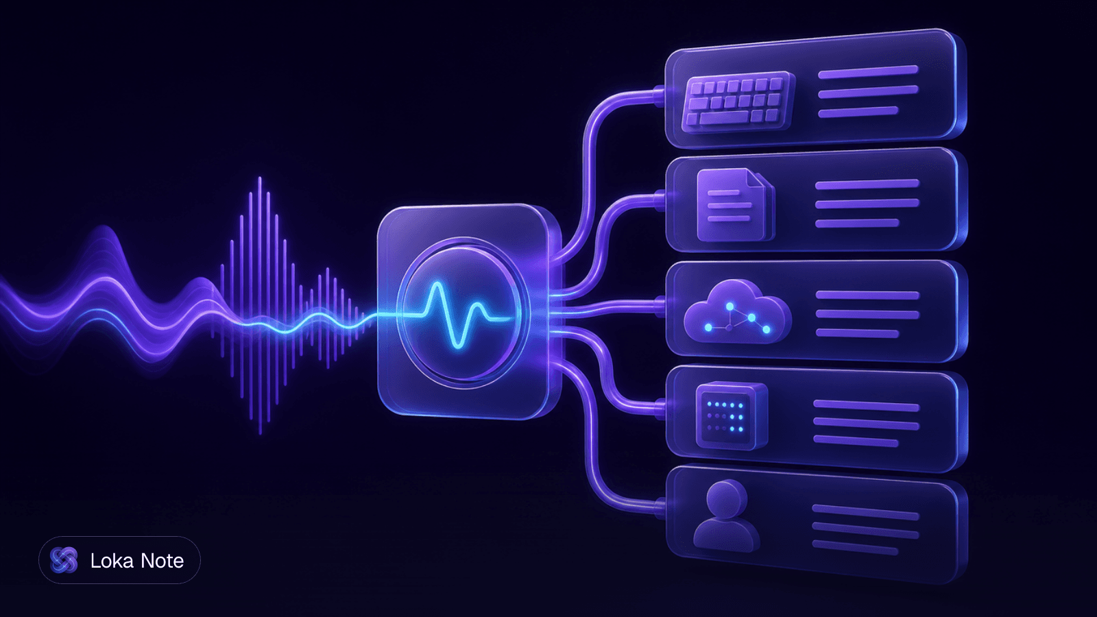 Simple editorial illustration of a sound wave on the left turning into lines of text on a page on the right, with five small icons along the path