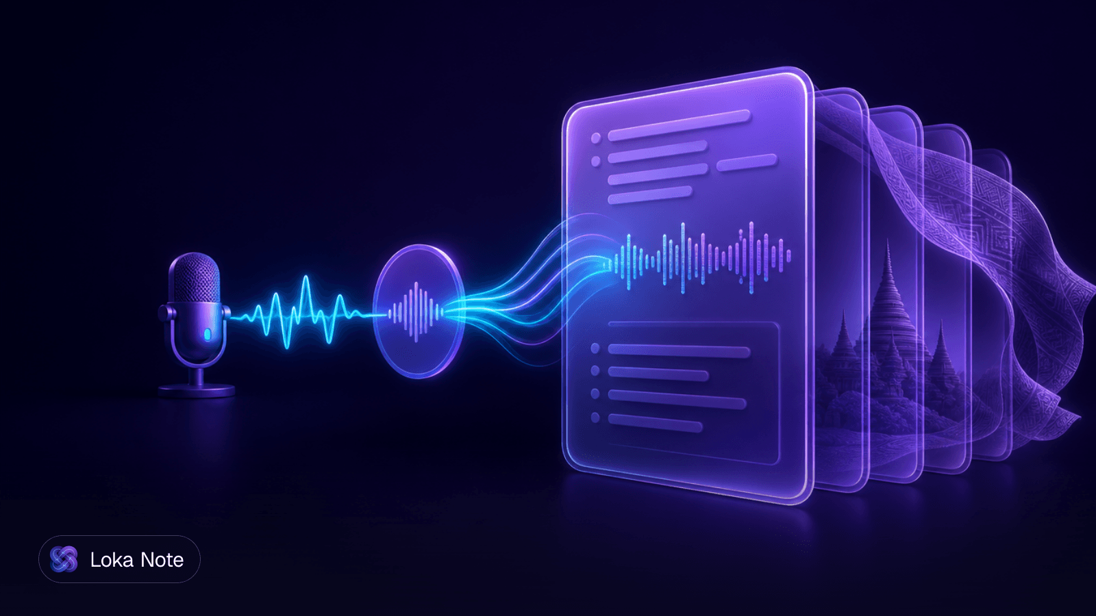 Simple editorial illustration of a sound wave turning into lines of Burmese script on a page, with a pencil marking corrections