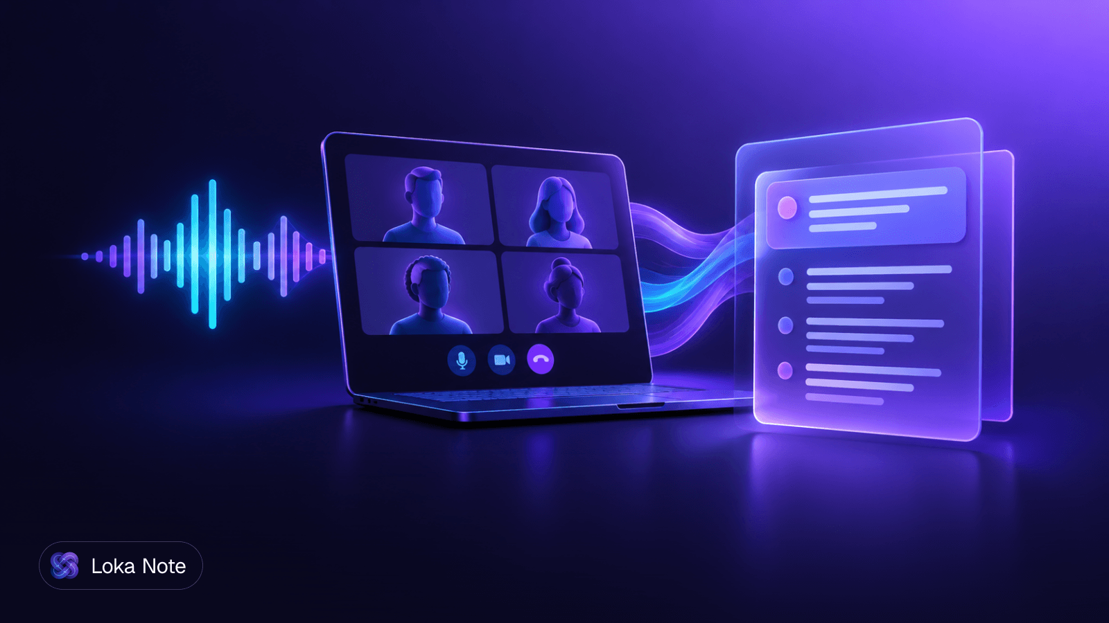 Simple editorial illustration of a laptop showing a video call grid with a sound wave flowing from the screen into a page of text, with no extra participant tile