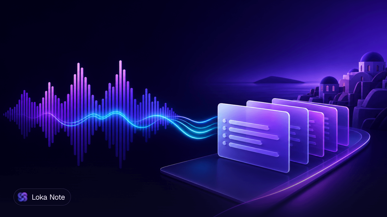 Simple editorial illustration of a video file icon being reduced to a thin audio waveform that turns into lines of text on a page