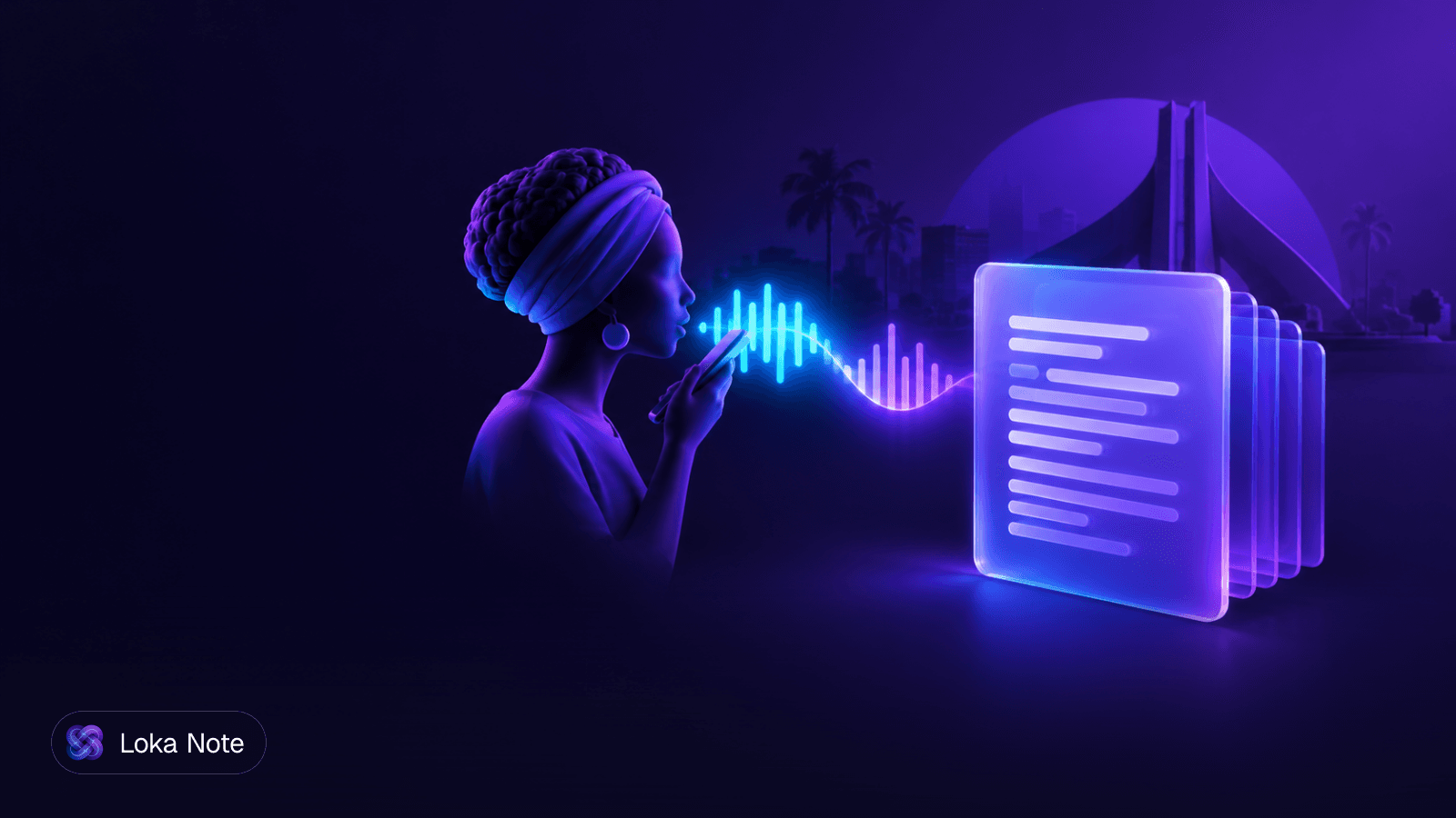 Simple editorial illustration of a phone showing a voice note waveform turning into lines of written text, with speech bubbles in different colours for English, Pidgin, Yoruba and Hausa.